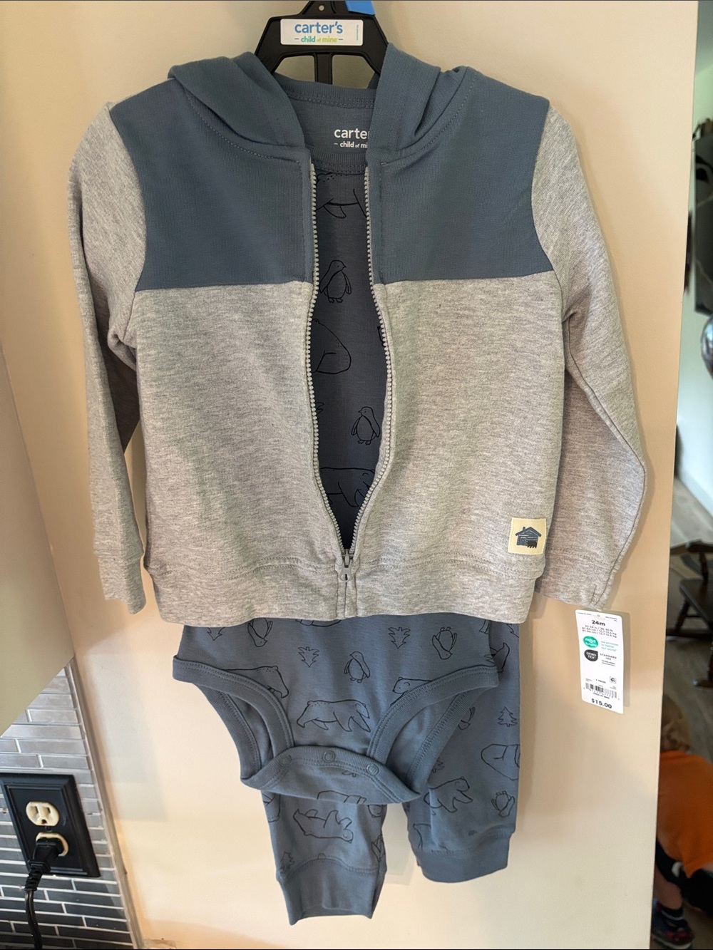 Carter's Light Gray Hoodie with Blue Onesies
 and Long Pants